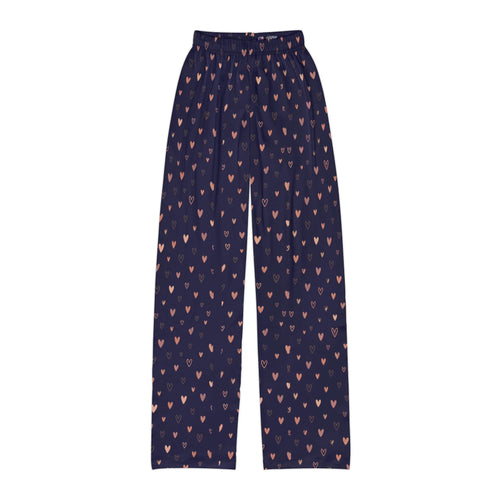 navy heart print kids lounge pants featuring a scattered heart motif on a cozy fabric surface.