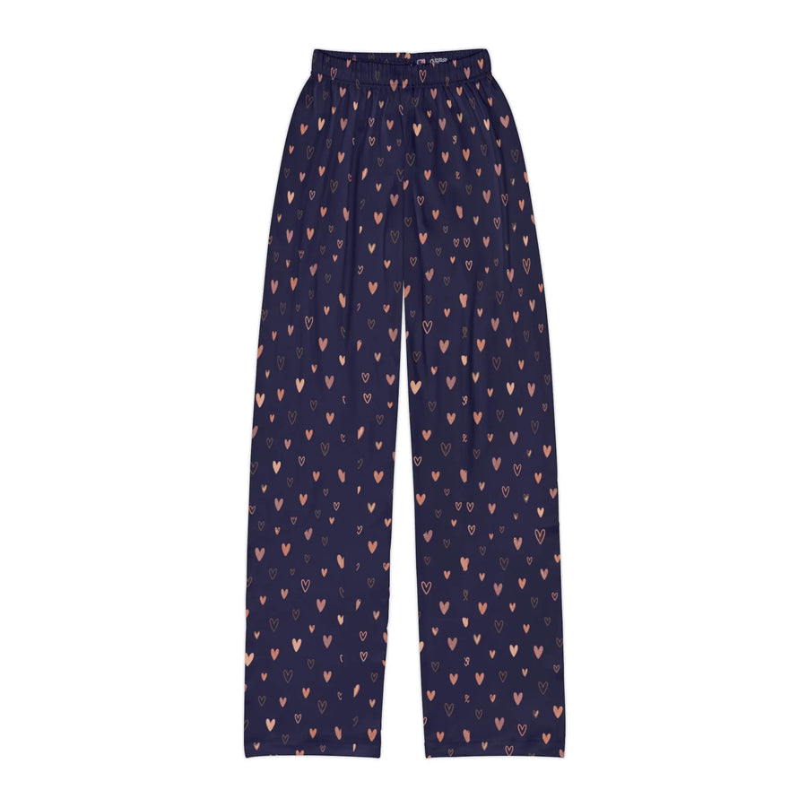 navy heart print kids lounge pants featuring a scattered heart motif on a cozy fabric surface.