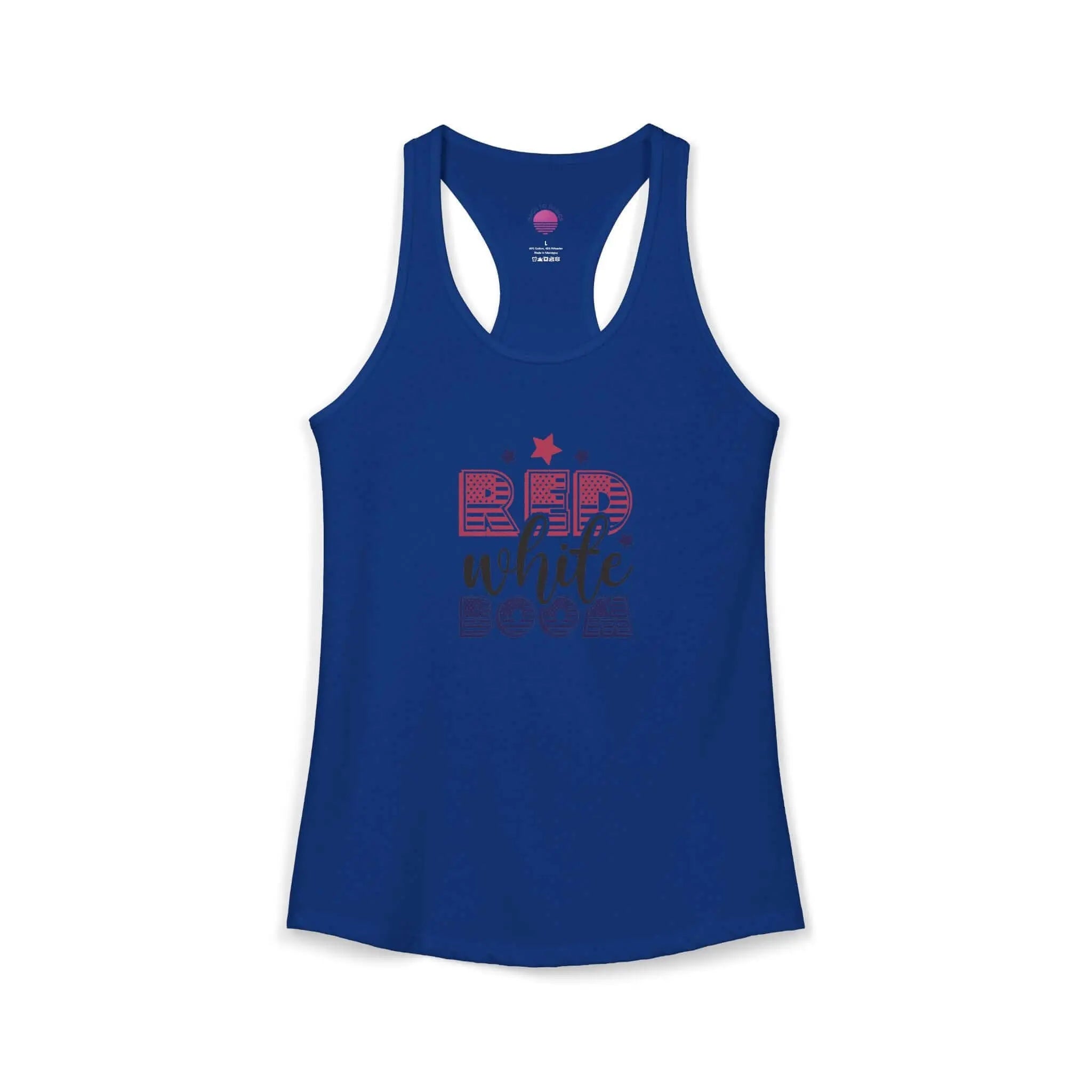 Women's lightweight racerback tank top in blue with red, white, and boom design for summer activities.