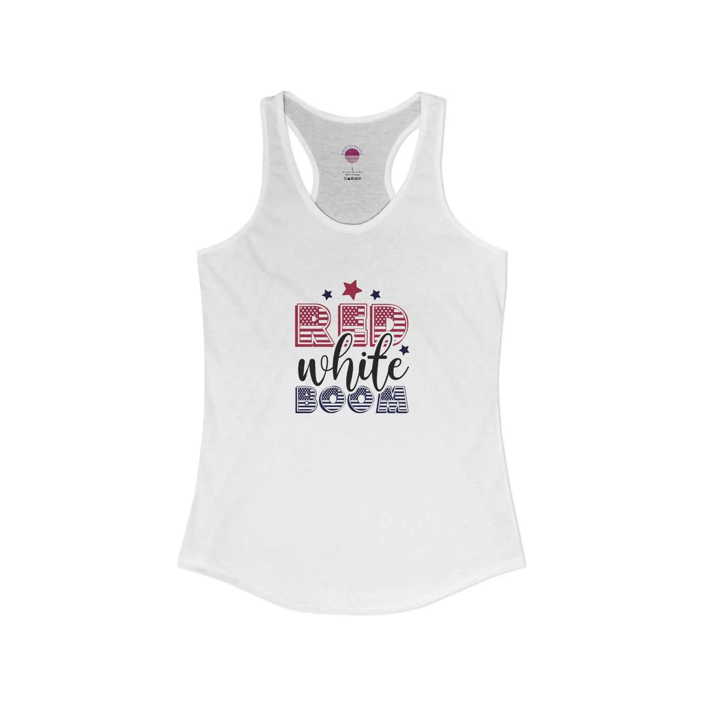 Women's lightweight racerback tank top in white with 'Red, White, and Boom!' graphic design.
