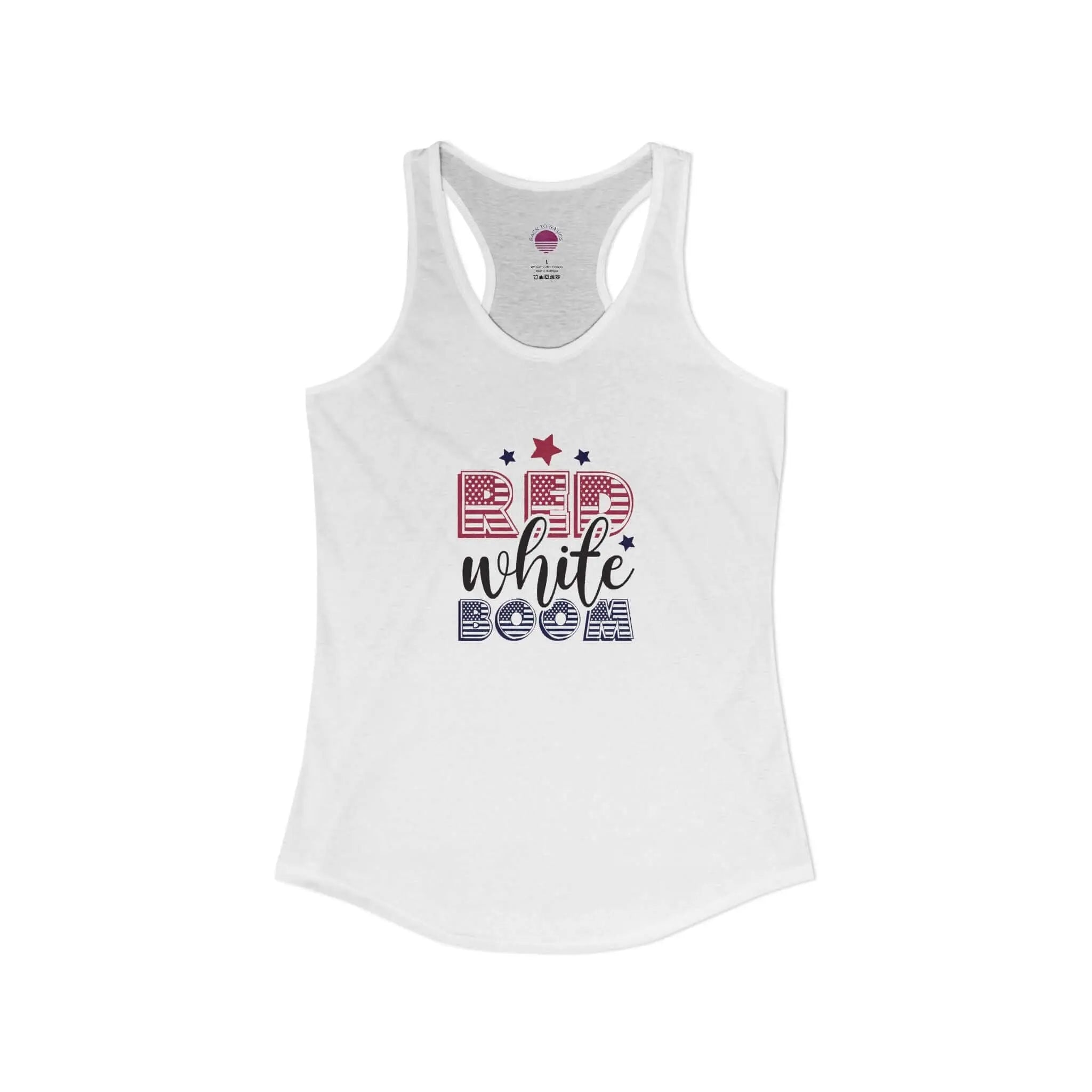 Women's lightweight racerback tank top in white with 'Red, White, and Boom!' graphic design.