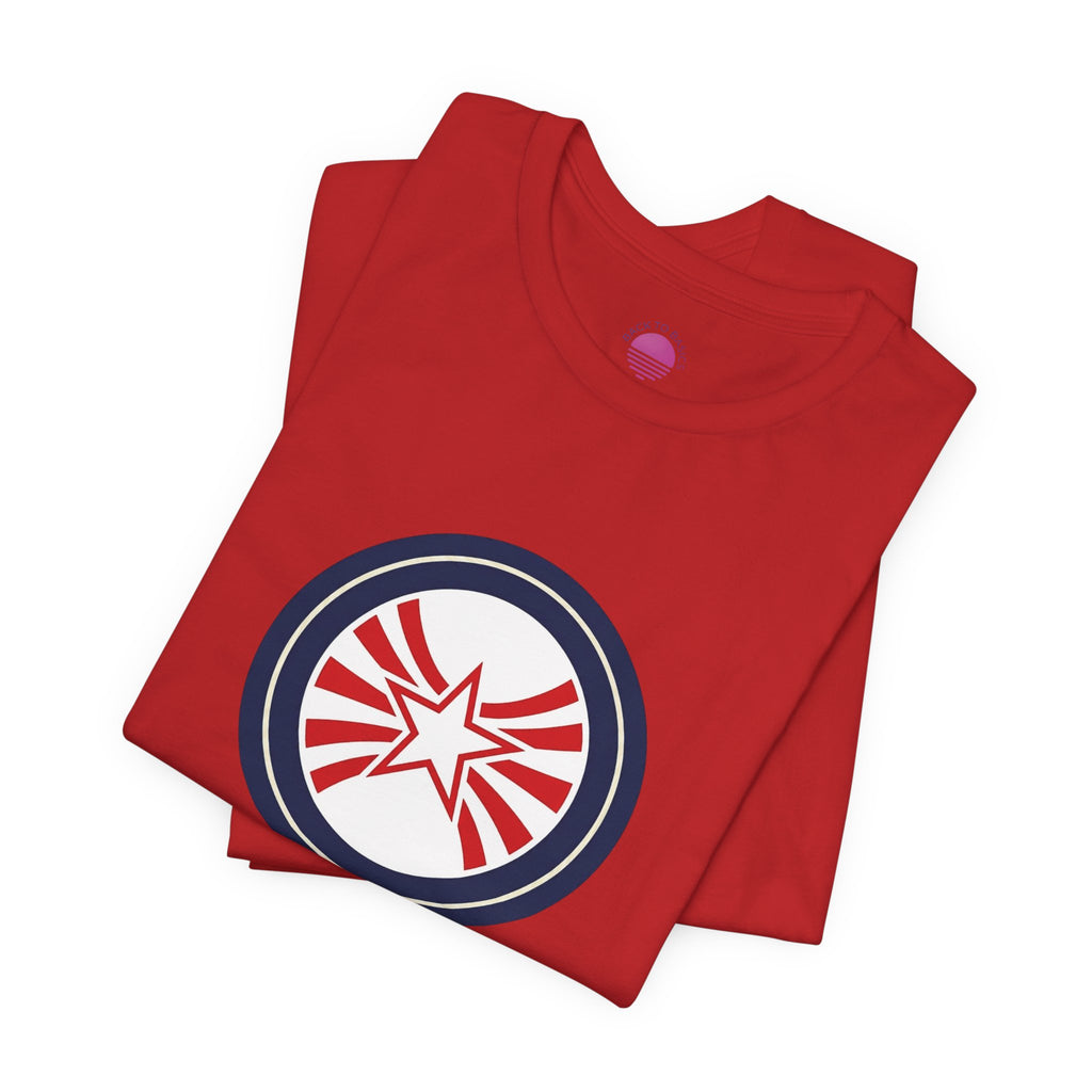 Patriotic Starburst Tee — Red, White & Blue Round Emblem T-Shirt