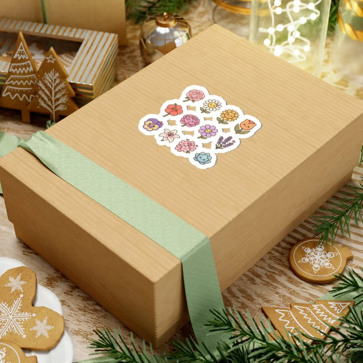 Cute floral kiss-cut stickers on a gift box, featuring cheerful hand-drawn flowers and a ribbon decoration.