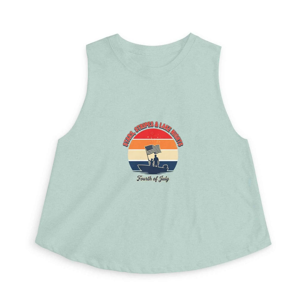 Retro Fourth of July crop top featuring a vintage sunset graphic on a light blue sleeveless tank.
