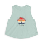 Retro Fourth of July crop top featuring a vintage sunset graphic on a light blue sleeveless tank.