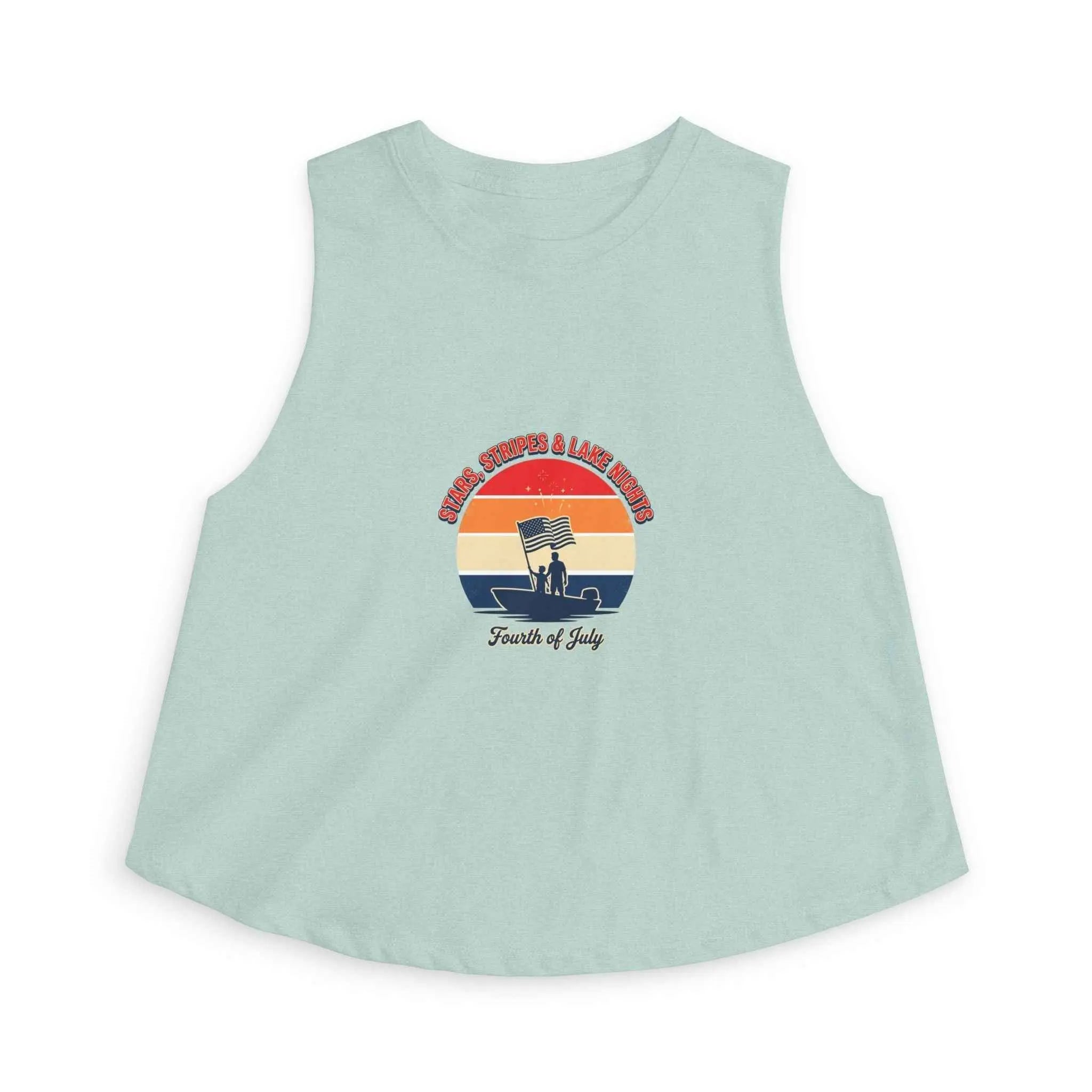 Retro Fourth of July crop top featuring a vintage sunset graphic on a light blue sleeveless tank.