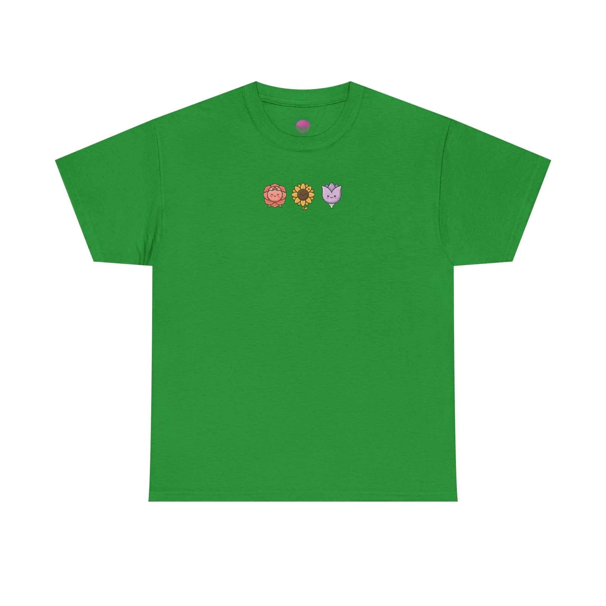 Floral graphic t-shirt featuring floral lion, sunflower, and heart plant designs on a green background.