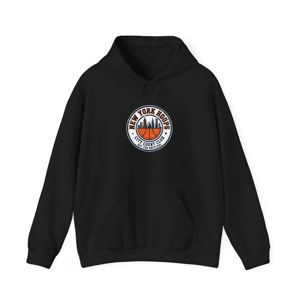 City basketball hoodie featuring New York logo and skyline design on a black sweatshirt.