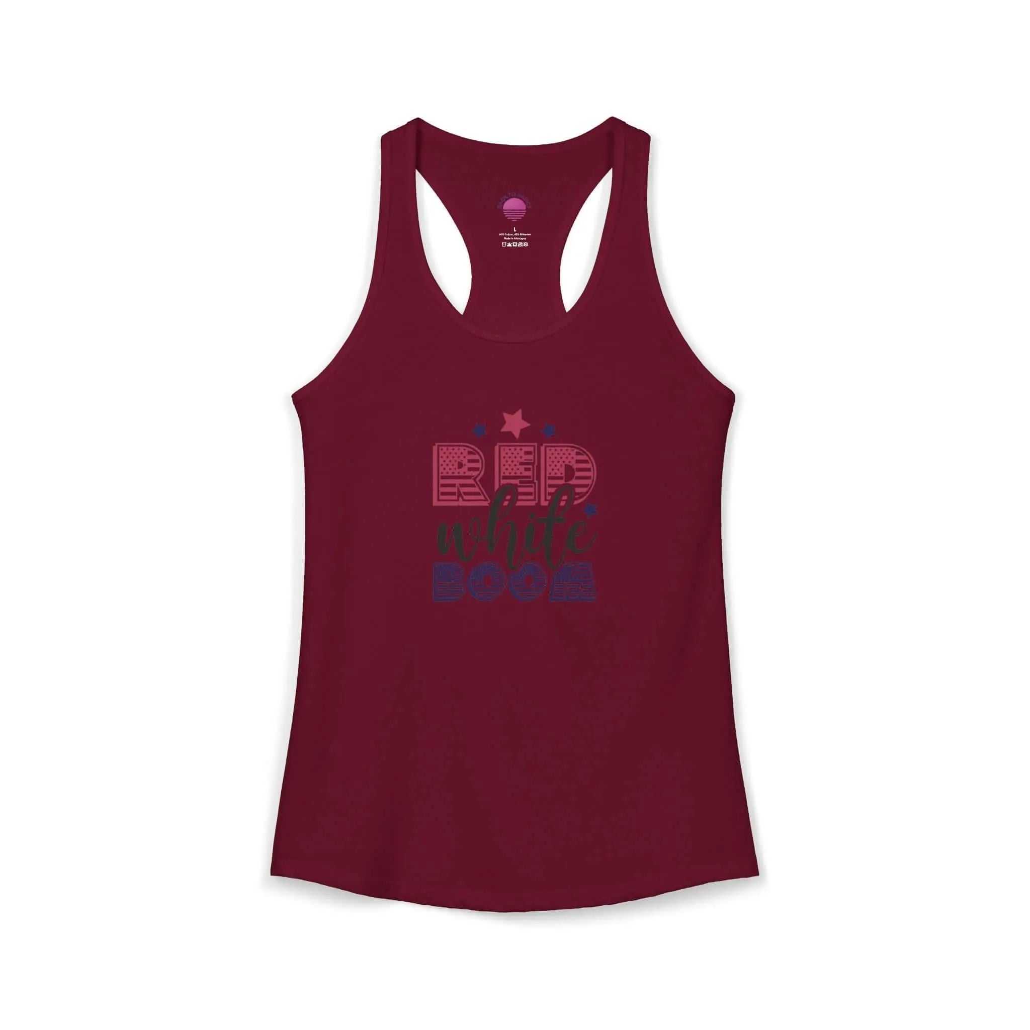 Women's lightweight racerback tank top in burgundy featuring "Red, White, and Boom!" design.