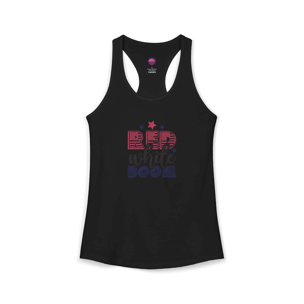 Women's lightweight racerback tank top in black featuring 'Red, White, and Boom!' design, perfect for summer activities.