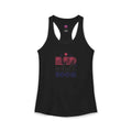 Women's lightweight racerback tank top in black featuring 'Red, White, and Boom!' design, perfect for summer activities.