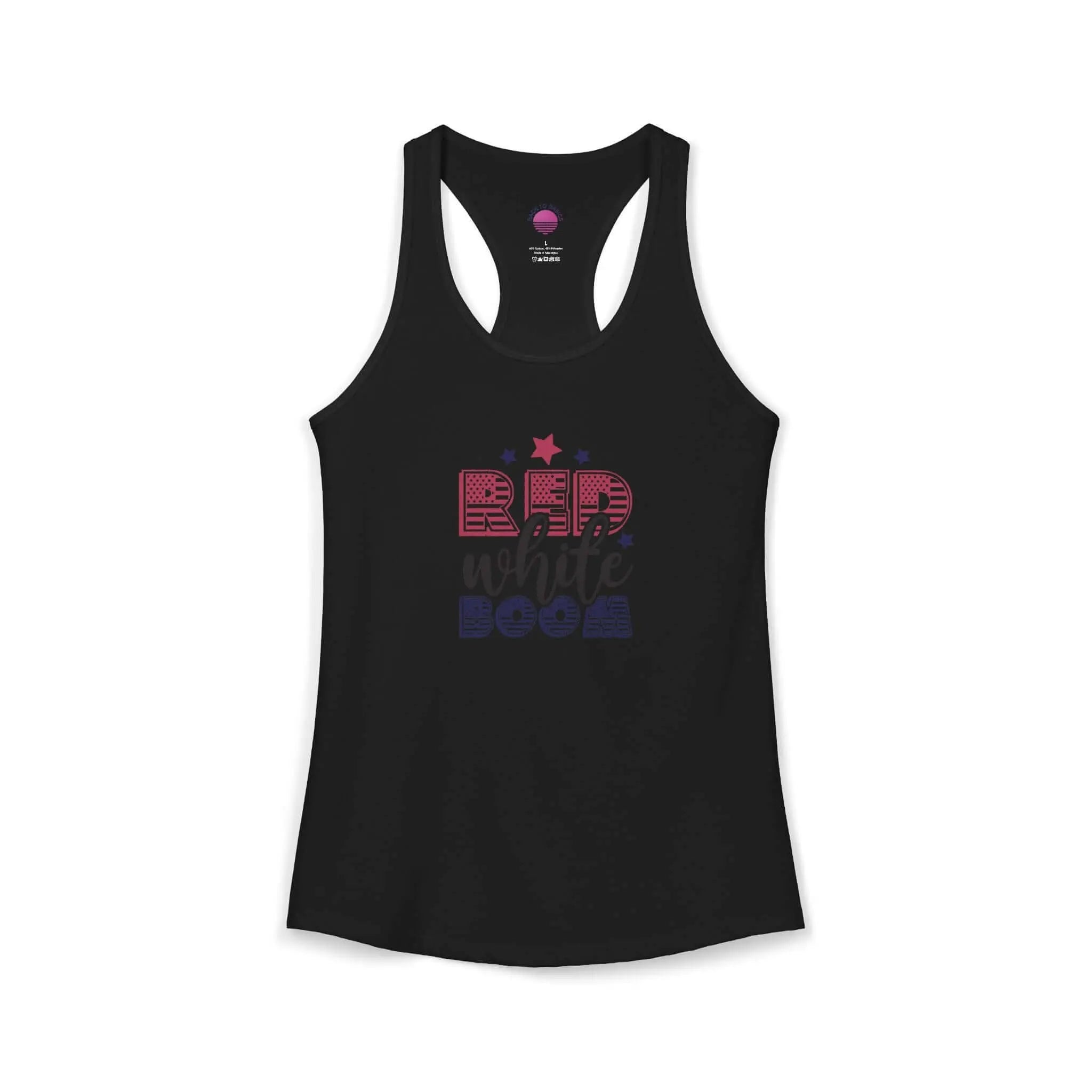 Women's lightweight racerback tank top in black featuring 'Red, White, and Boom!' design, perfect for summer activities.