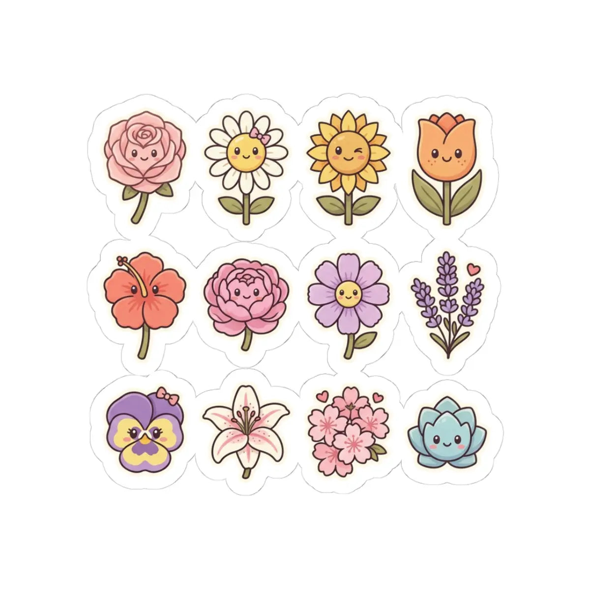 Cute floral kiss-cut stickers featuring smiling flowers in pastel colors for decoration.
