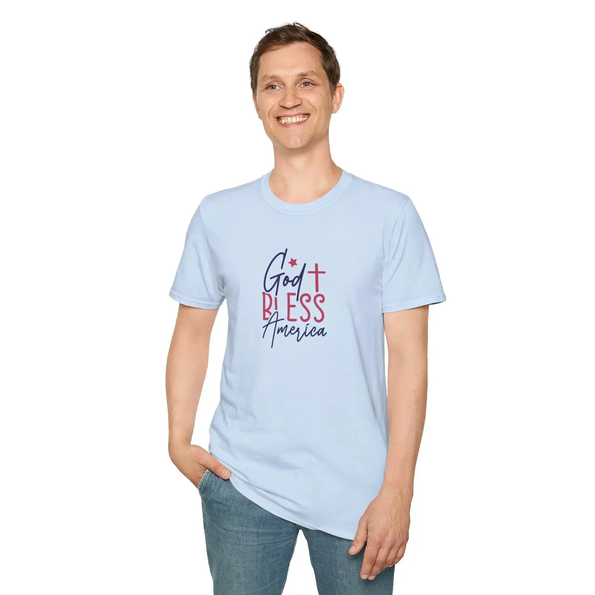 God Bless America Patriotic Christian T-Shirt with Cross Printify