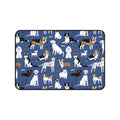 Dog pattern desk mat featuring various dog breeds on a deep blue background, perfect for pet lovers.