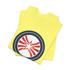 Patriotic Starburst Tee — Red, White & Blue Round Emblem T-Shirt Printify