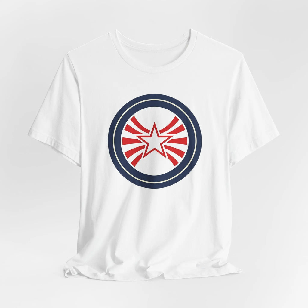 Patriotic Starburst Tee — Red, White & Blue Round Emblem T-Shirt Printify
