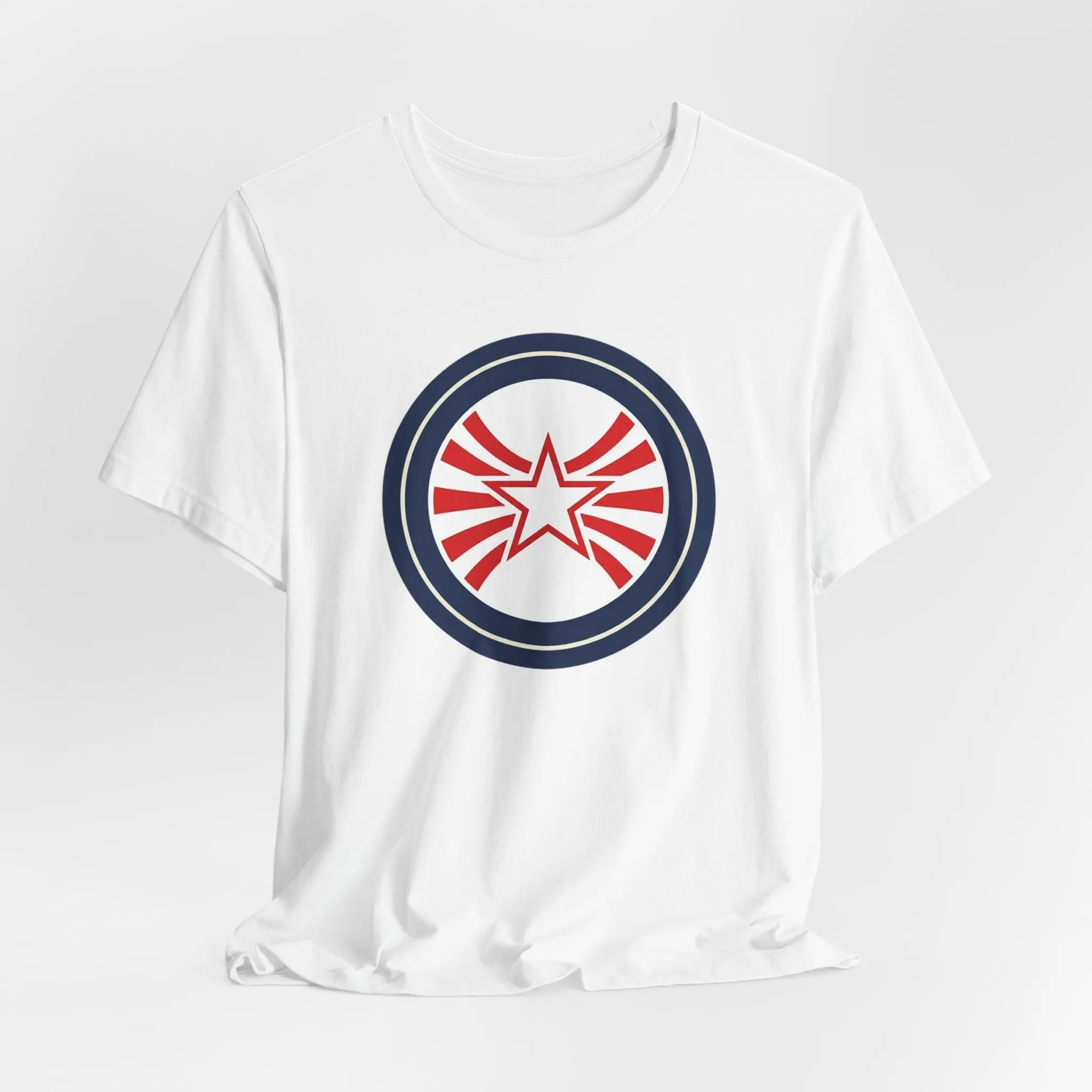 Patriotic Starburst Tee — Red, White & Blue Round Emblem T-Shirt Printify