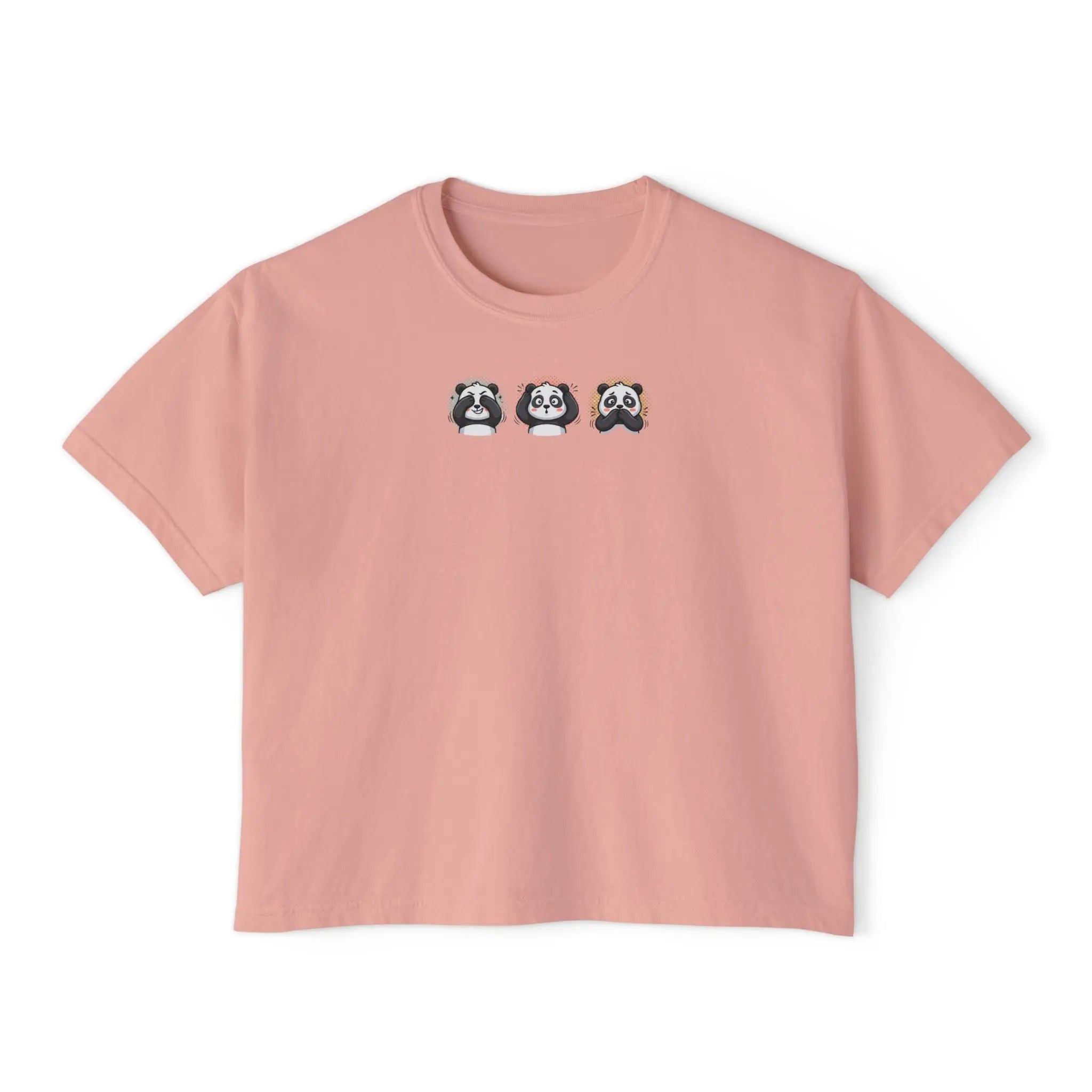 Cute panda graphic t-shirt featuring three playful panda designs on a soft pink boxy tee.