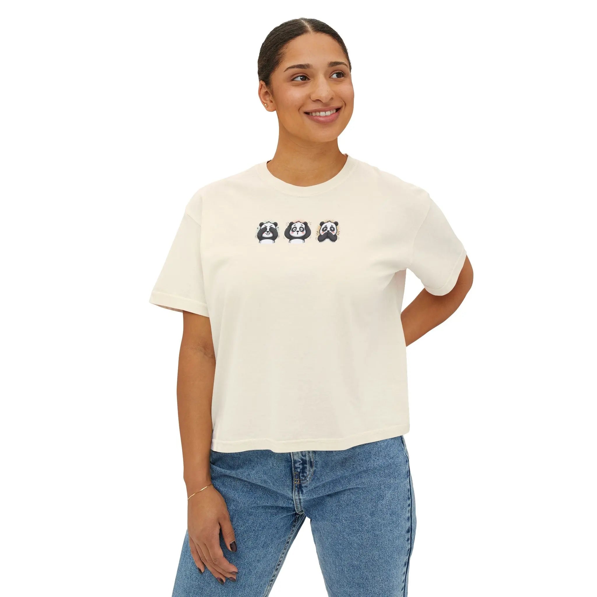 Panda Trio Boxy Tee — Women's Cute Panda Graphic T-Shirt Printify