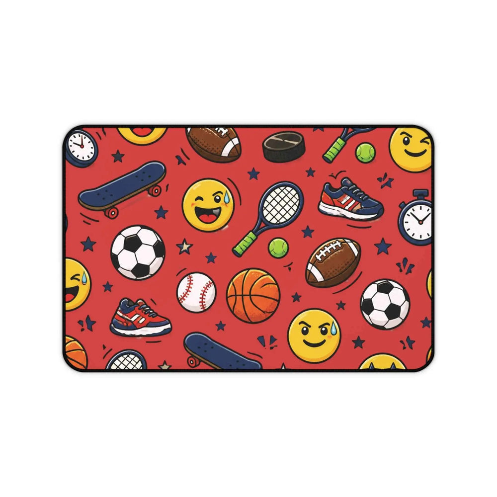Back To School Sports Emojis Desk Mat featuring icons like soccer balls, basketballs, and sneakers.