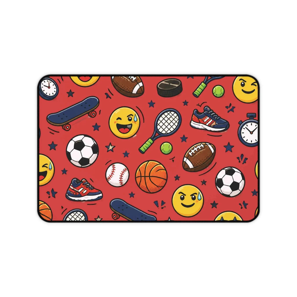 Back To School Sports Emojis Desk Mat featuring icons like soccer balls, basketballs, and sneakers.