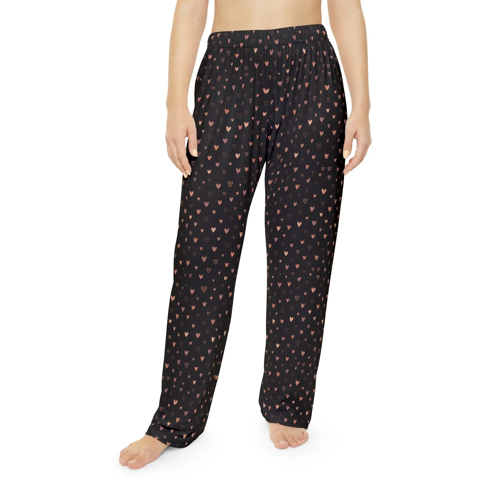 Heart Print Women's Pajama Pants—Cozy all-over print lounge sleepwear with scattered hearts on a dark background.