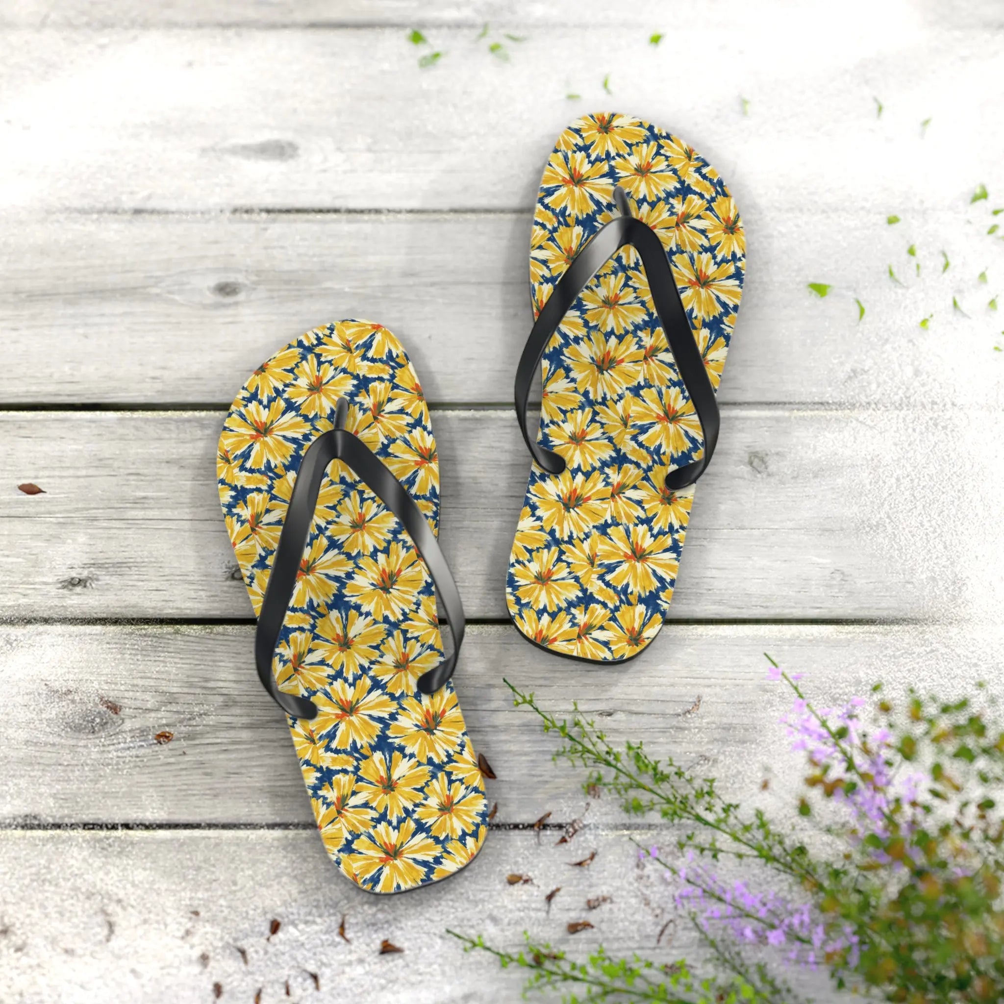 Yellow Daisy Flip Flops – Floral Beach Sandals Printify