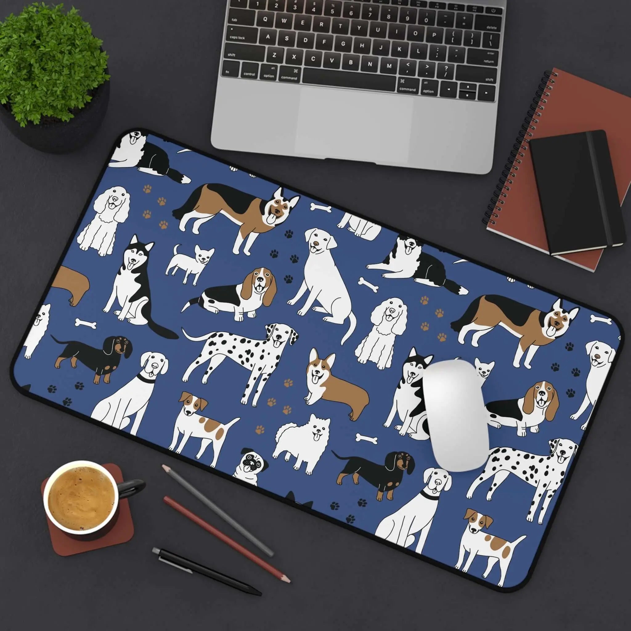 Dog Pattern Desk Mat — Blue Cute Puppy Desk Pad for Pet Lovers Printify