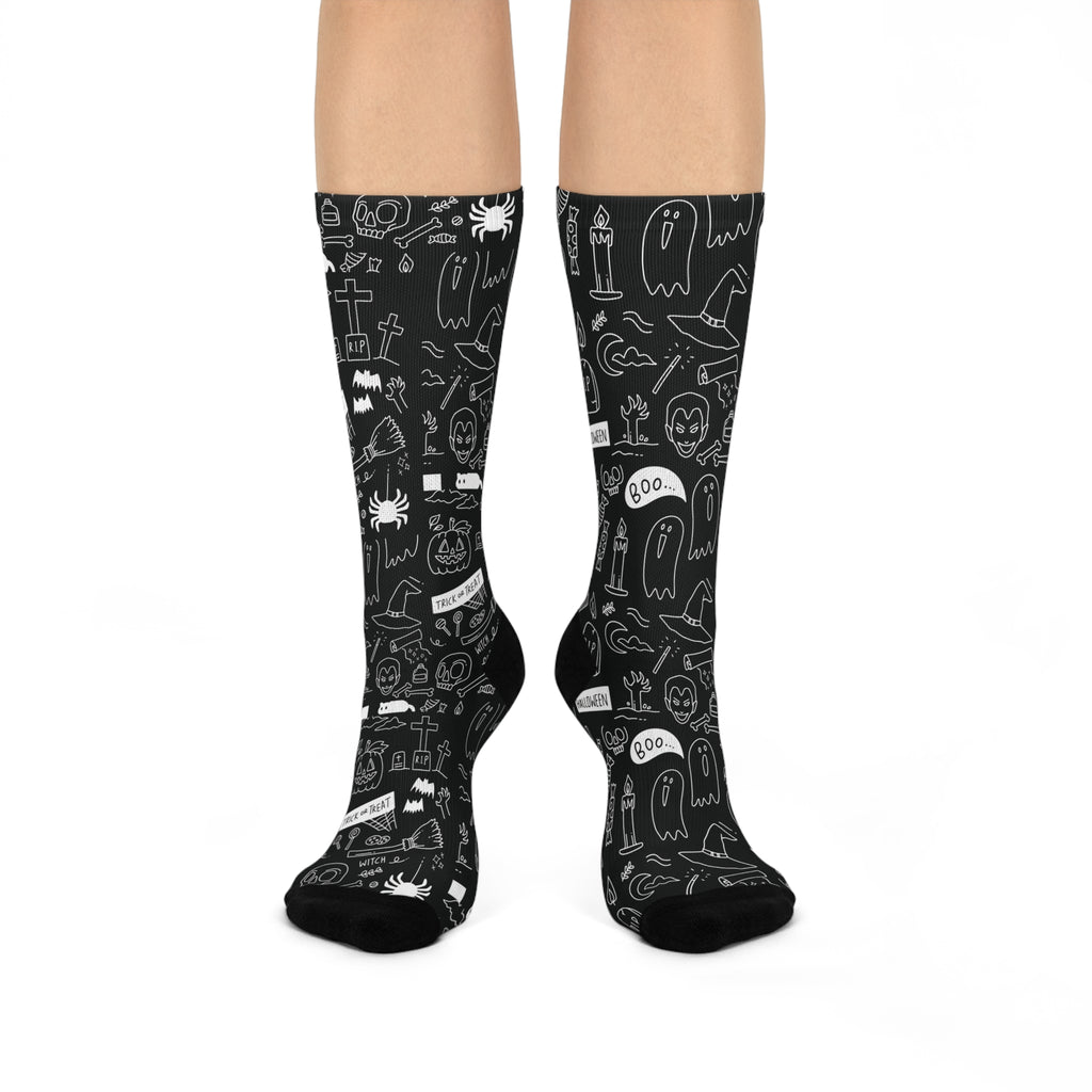 Halloween Doodle Crew Socks — Black Cushioned Socks