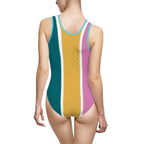 Retro Colorblock One-Piece Swimsuit — Teal Mustard Pink Stripe Printify