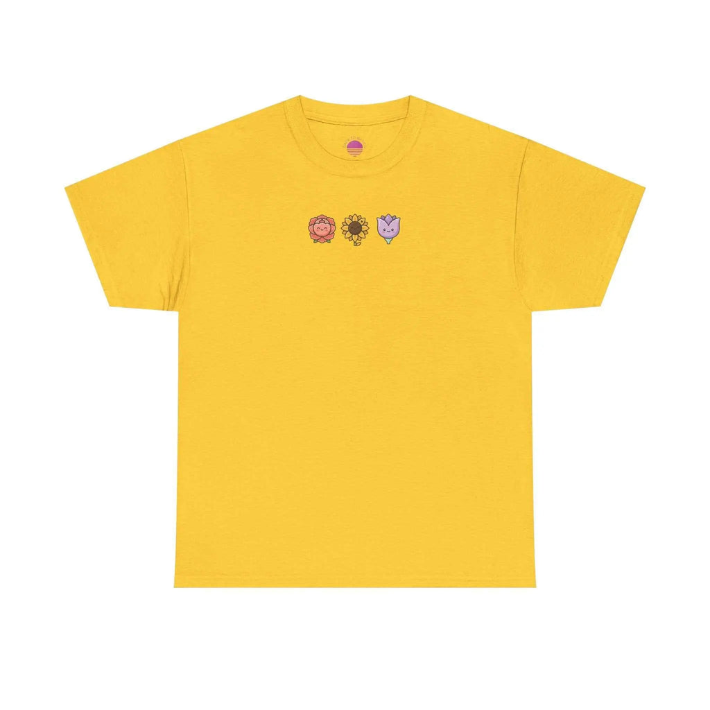 Floral graphic t-shirt featuring cute mini floral lion, sunflower, and heart plants on a yellow background.