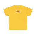 Floral graphic t-shirt featuring cute mini floral lion, sunflower, and heart plants on a yellow background.