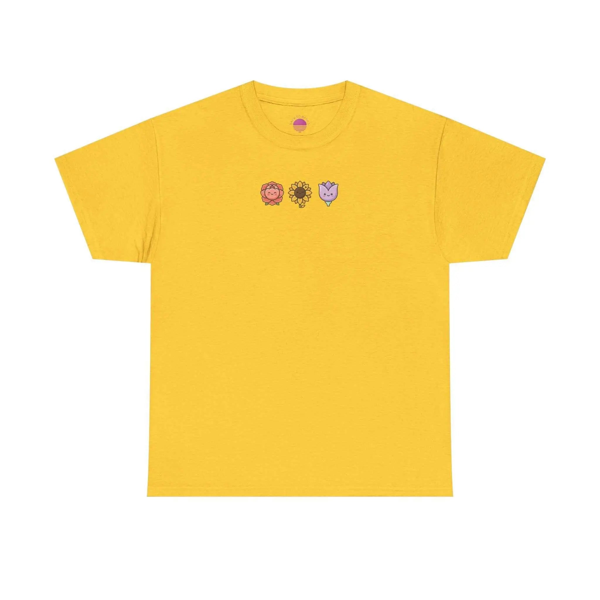 Floral graphic t-shirt featuring cute mini floral lion, sunflower, and heart plants on a yellow background.