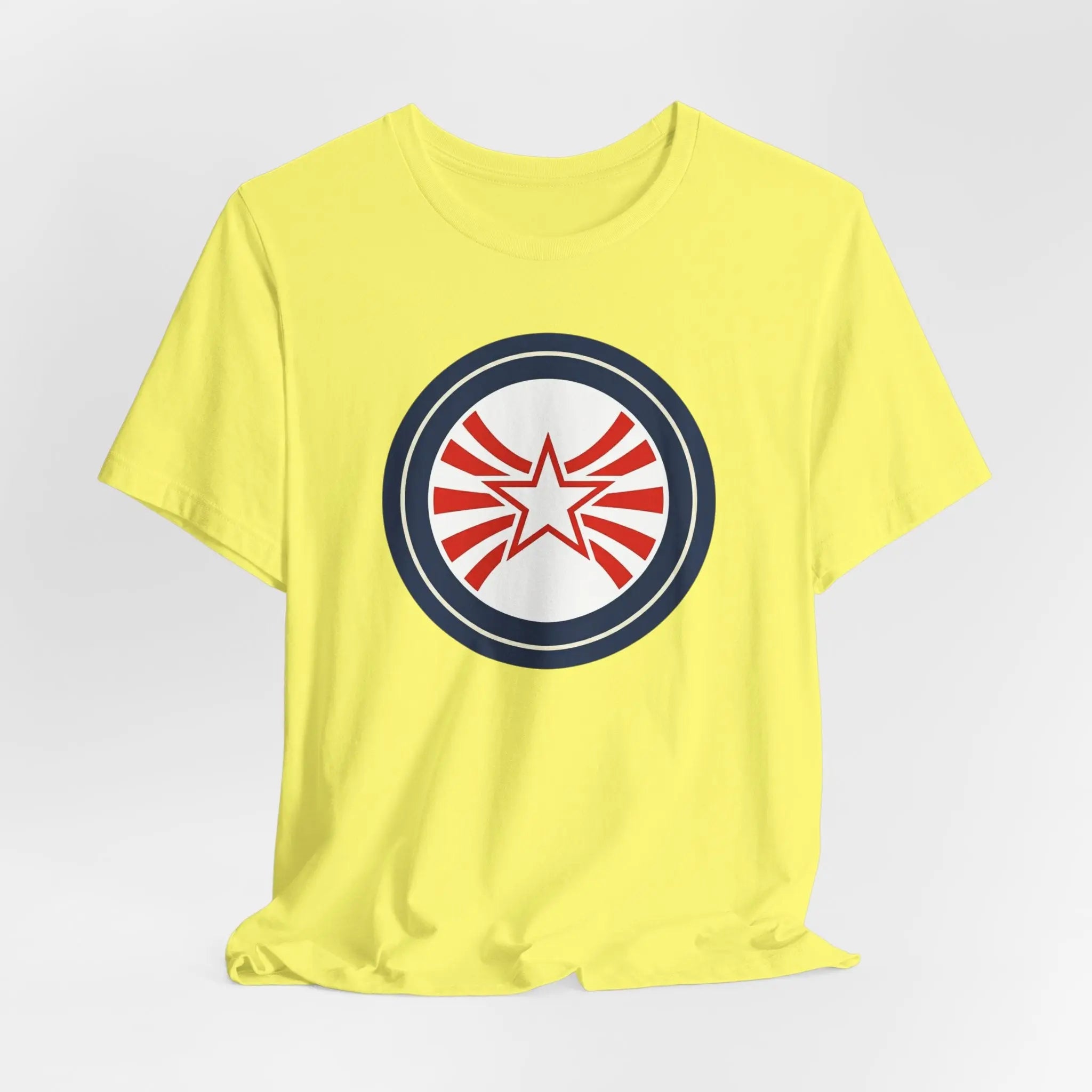 Patriotic Starburst Tee — Red, White & Blue Round Emblem T-Shirt Printify