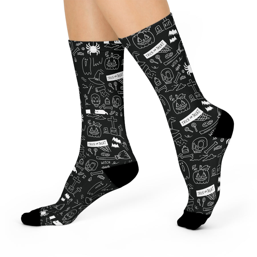 Halloween Doodle Crew Socks — Black Cushioned Socks