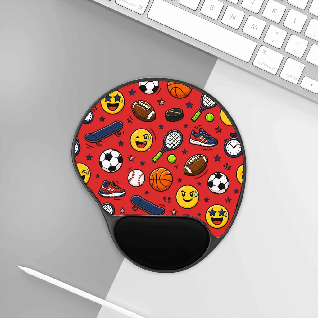 Back to School Sports Emoji Mouse Pad with Wrist Rest — Athletic Emoji Gaming/Study Desk Mat