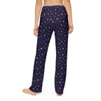Back view of navy heart print kids lounge pants showcasing scattered heart motif on soft fabric.