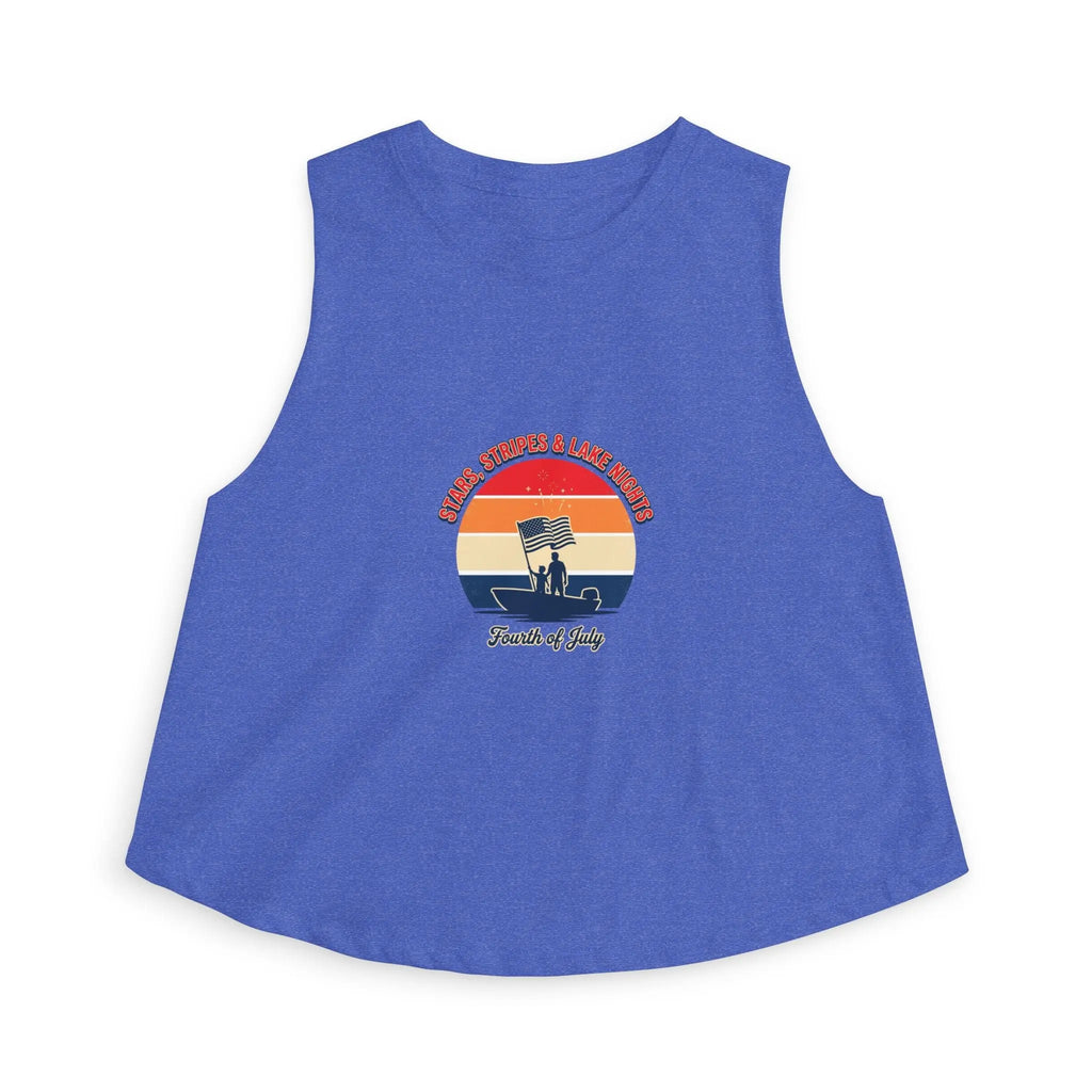 Retro Fourth of July crop top featuring vintage sunset graphic on a blue sleeveless tank.