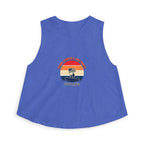 Retro Fourth of July crop top featuring vintage sunset graphic on a blue sleeveless tank.