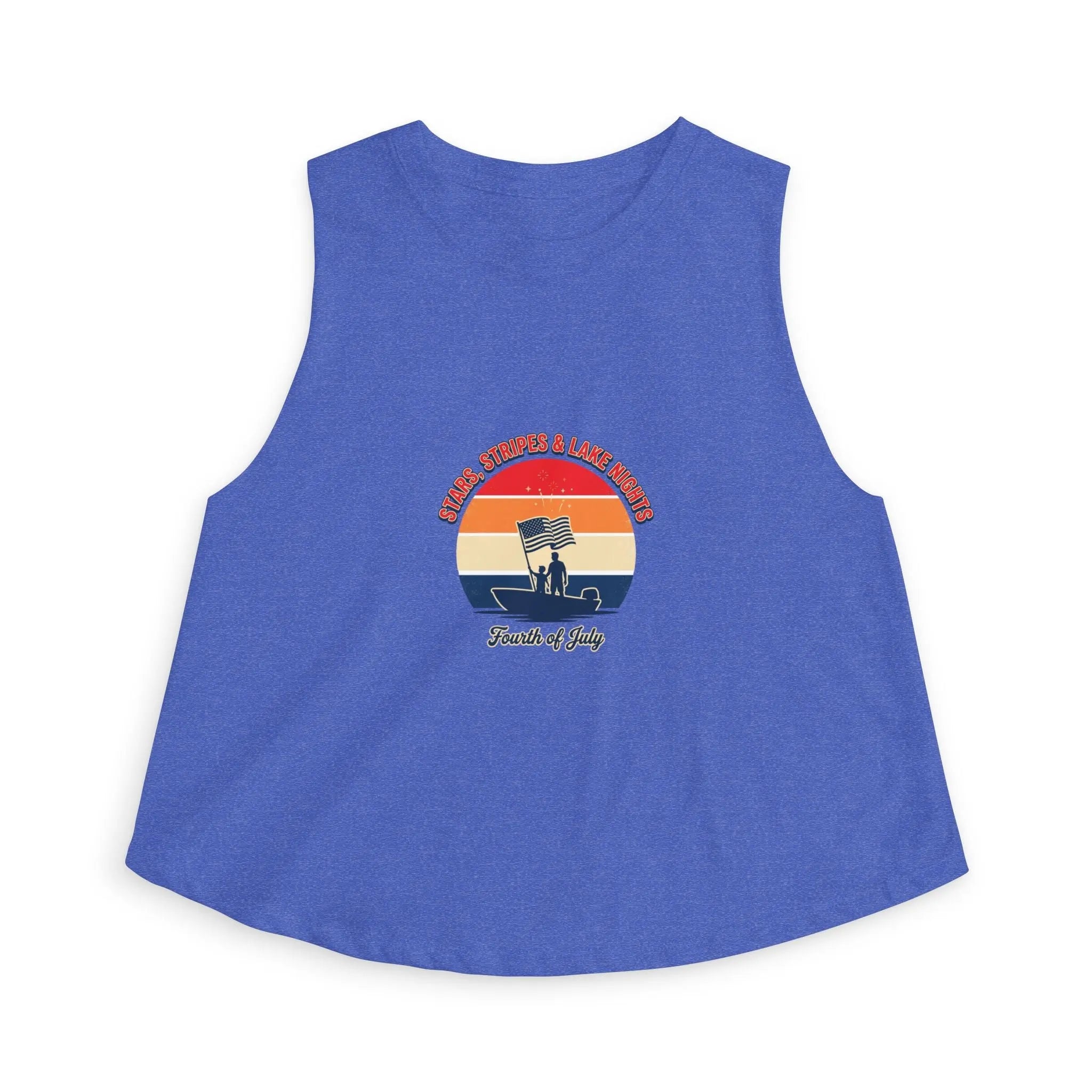 Retro Fourth of July crop top featuring vintage sunset graphic on a blue sleeveless tank.