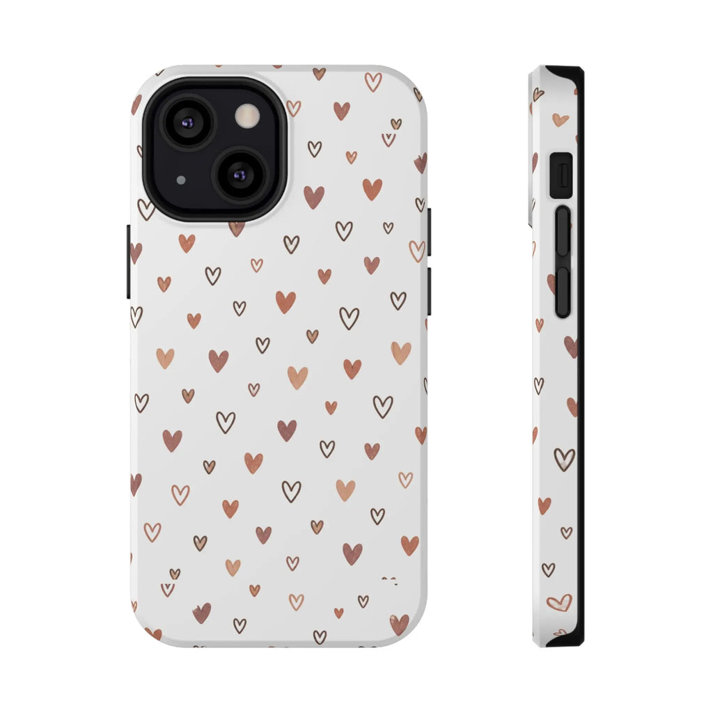 Heart Doodle Impact-Resistant Phone Case featuring cute neutral tiny hearts design, perfect for everyday use.