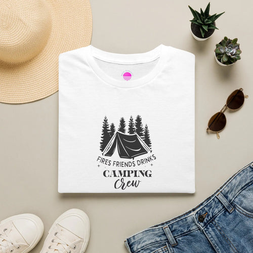 Camping Crew T‑Shirt — "Fires Friends Drinks" Tent Graphic Printify