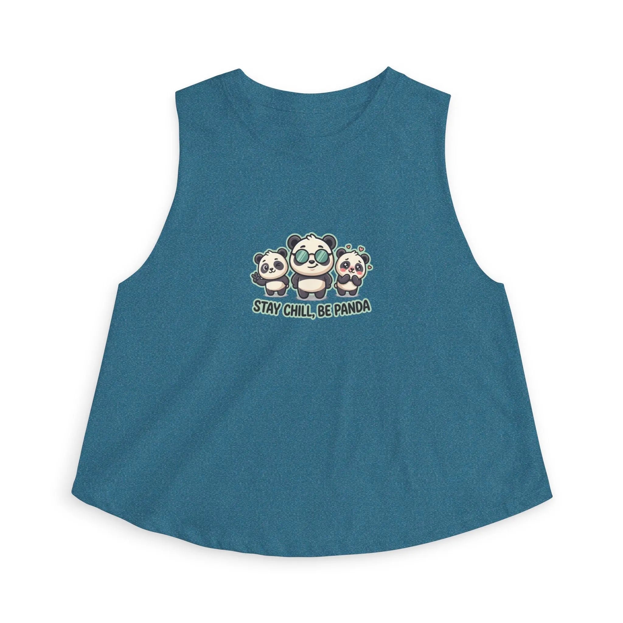 Cute panda graphic crop top featuring three playful pandas and the text 'Stay Chill, Be Panda'.