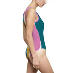 Retro Colorblock One-Piece Swimsuit — Teal Mustard Pink Stripe Printify