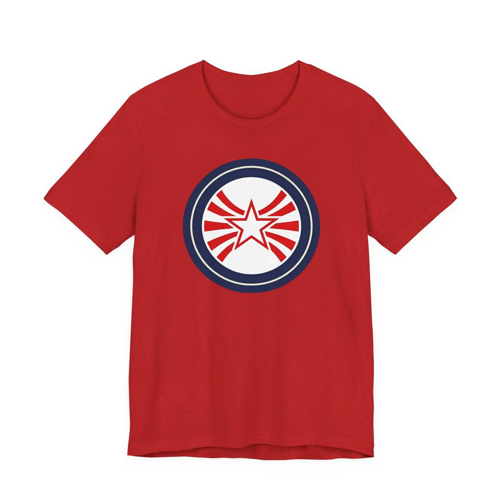 Patriotic Starburst Tee — Red, White & Blue Round Emblem T-Shirt Printify