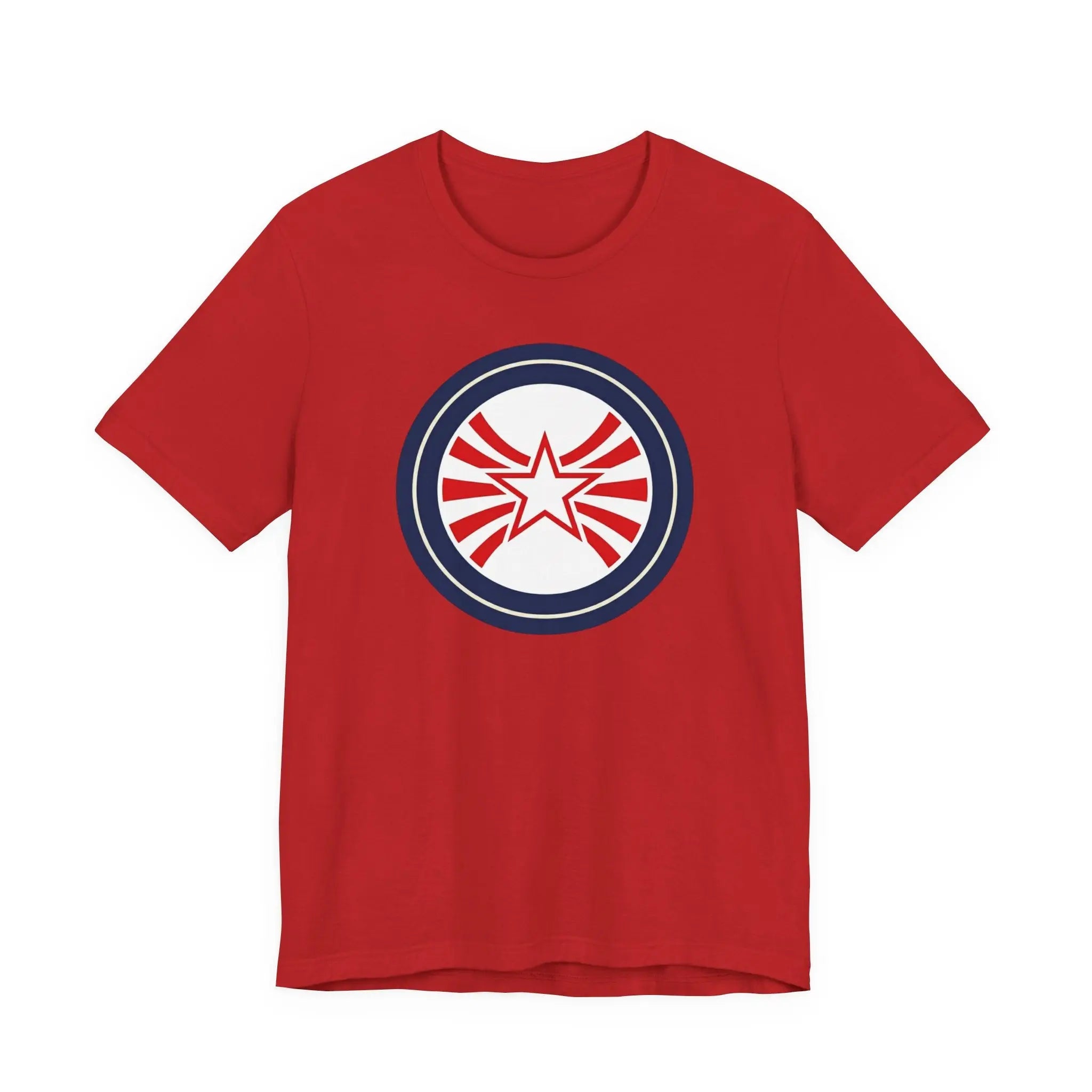 Patriotic Starburst Tee — Red, White & Blue Round Emblem T-Shirt Printify