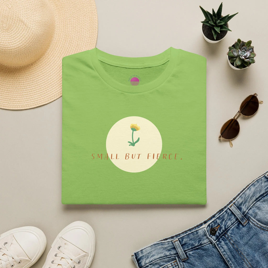 Small But Fierce Women's Minimalist T-Shirt in green with flower graphic and casual styling.