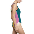 Retro Colorblock One-Piece Swimsuit — Teal Mustard Pink Stripe Printify