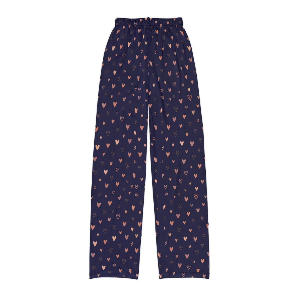 Navy heart print kids lounge pants featuring a scattered heart motif on a deep navy background.